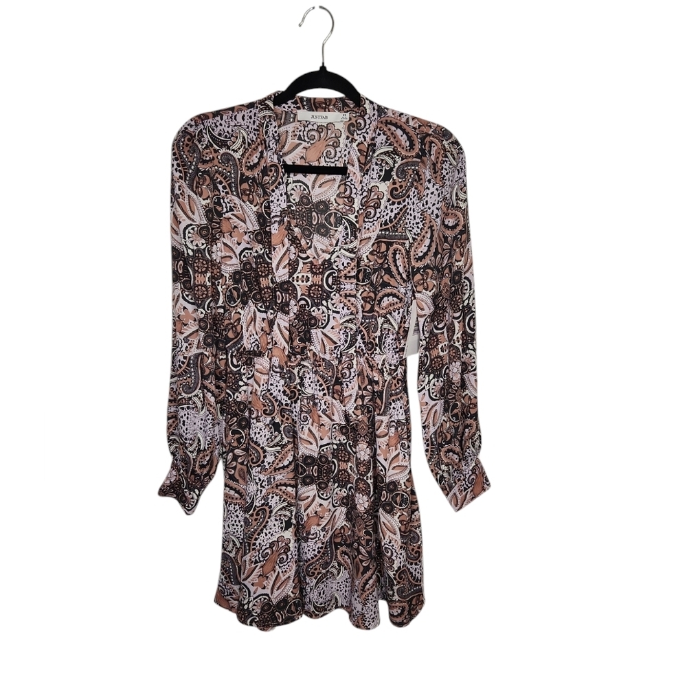 NWT JustFab Autumn Brown Abstract Paisley Print Long Sleeve V-Neck Dress Size XS